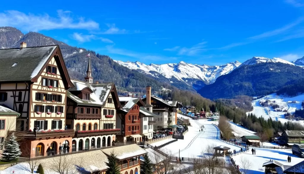 Kitzbühel town with medieval architecture and ski slopes