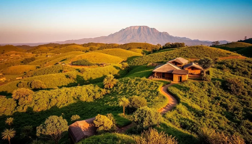 Koutammakou, a striking landscape in the heart of Togo, Africa. Rolling hills covered in lush, verdant vegetation, dotted with traditional mud-brick Batammariba dwellings, their unique architecture blending seamlessly with the natural surroundings. In the distance, a towering mountain range, its peaks etched against a clear, azure sky. Warm, golden sunlight bathes the scene, casting long shadows and creating a sense of tranquility and timelessness. A winding path meanders through the landscape, inviting exploration, leading the viewer deeper into this captivating, culturally significant region.