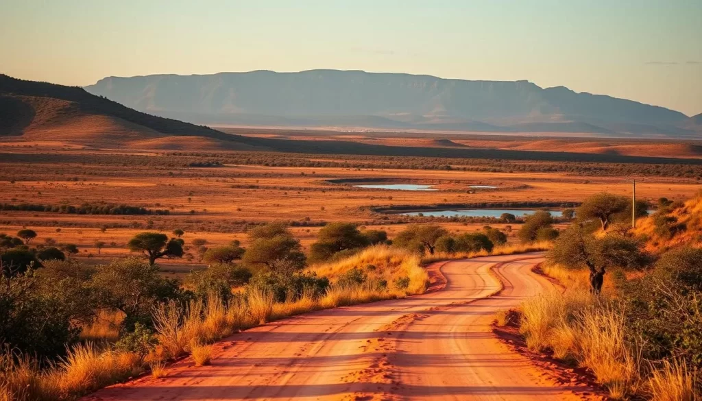 Kruger National Park, a vast expanse of untamed wilderness in South Africa's Mpumalanga province. Capture the grandeur of this iconic safari destination, with rolling savannas dotted with acacia trees, watering holes teeming with diverse wildlife, and the majestic Lebombo Mountains looming in the distance. Utilize a wide-angle lens to convey the park's breathtaking scale, with a warm, golden-hour lighting that illuminates the scene. Emphasize the sense of adventure and exploration, with a winding dirt road leading deeper into the heart of this natural wonderland. The overall mood should exude tranquility, serenity, and the awe-inspiring beauty of this premier African safari destination.