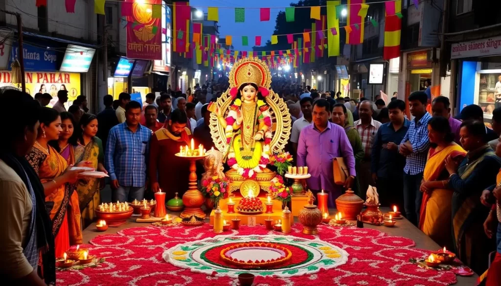 Lakshmi Puja festival in West Bengal, India: A vibrant celebration of prosperity and wealth. In the foreground, a colorful display of clay lamps, flower garlands, and offerings adorning a beautifully decorated Lakshmi idol. People gather around, their faces illuminated by the warm glow of the puja. In the middle ground, intricate rangoli patterns fill the space, their vibrant colors complementing the festivities. The background reveals a lively scene of bustling streets, with colorful flags and banners waving in the gentle breeze. The overall atmosphere exudes a sense of joy, reverence, and anticipation for the blessings of the Hindu goddess of wealth and fortune.