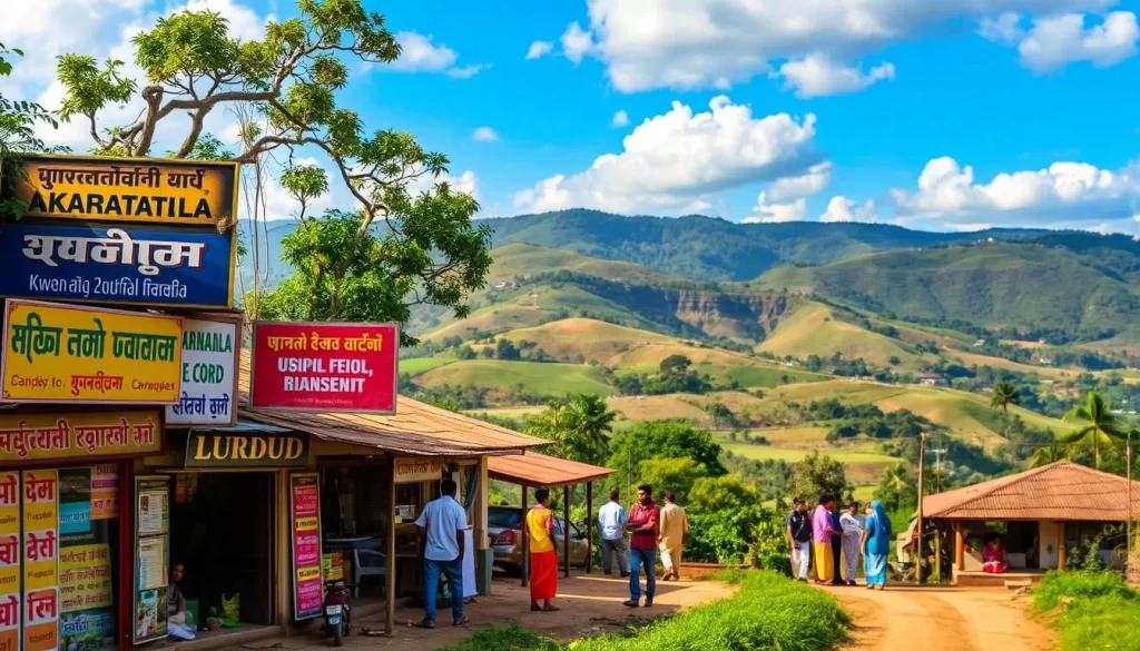 Languages of Karnataka - The Vibrant Linguistic Tapestry. A picturesque village landscape with diverse linguistic influences. In the foreground, colorful signboards and shop facades showcase Kannada, Hindi, English, and Urdu scripts. In the middle ground, people converse in various tongues, emphasizing the cultural diversity. The background features rolling hills, lush greenery, and a clear blue sky, creating a serene and harmonious atmosphere. Warm natural lighting and a soft, inviting mood convey the richness of Karnataka's linguistic heritage.