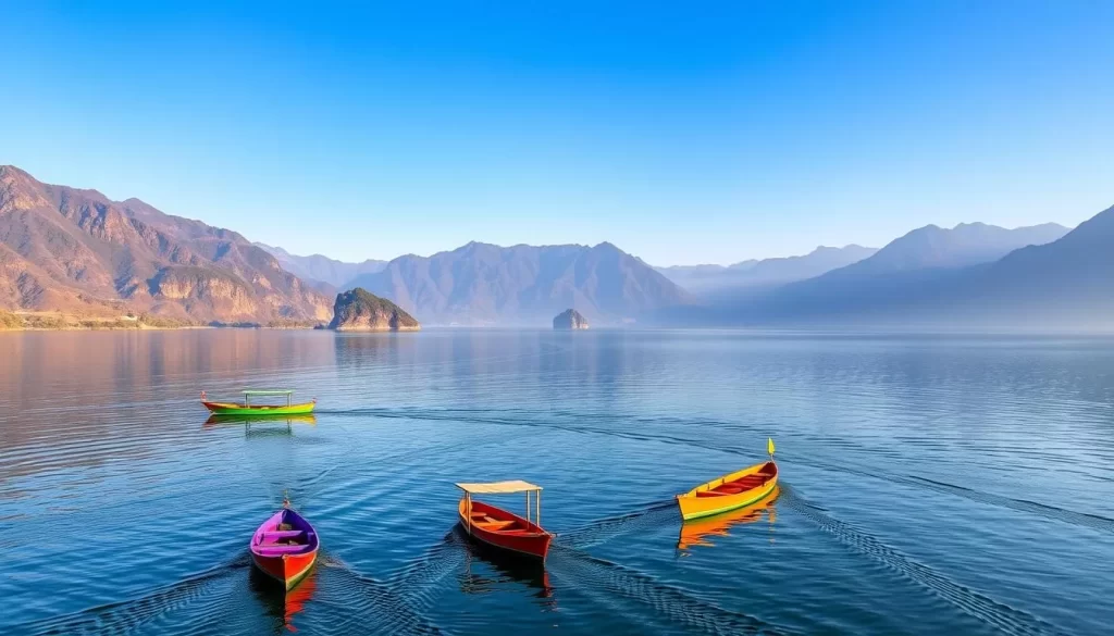 Liyu Lake with paddleboats and surrounding mountains