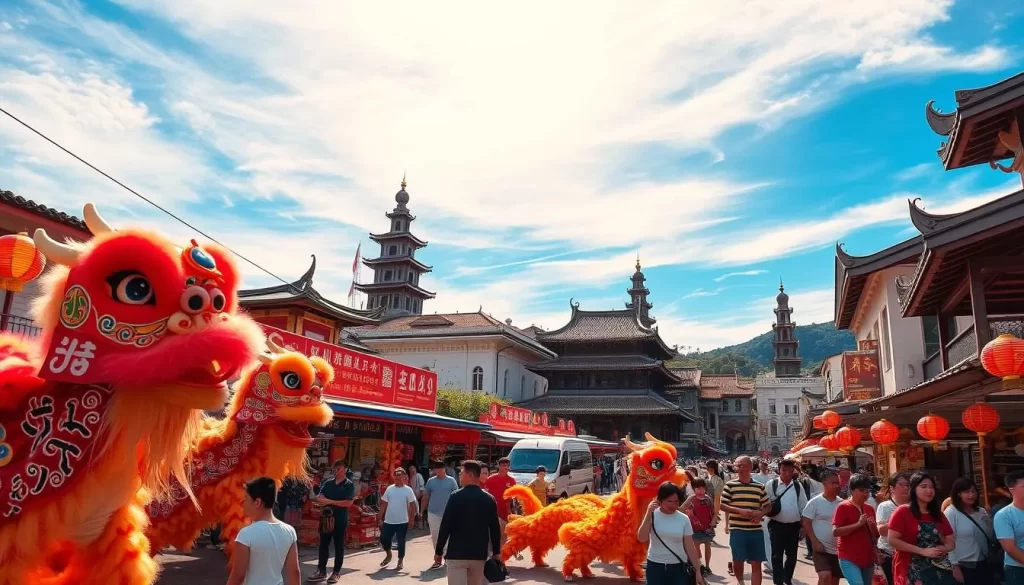 Lunar New Year celebrations in Taitung, Taiwan: A vibrant display of traditional festivities under a vibrant, azure sky. In the foreground, a lively parade with colorful dragon and lion dancers, their intricate costumes shimmering in the warm sunlight. In the middle ground, families gather around a bustling street market, browsing vibrant lanterns, delectable street food, and handcrafted goods. In the background, historic temples and buildings stand tall, their ornate architecture a testament to the rich cultural heritage. The scene is infused with a celebratory atmosphere, capturing the joy and sense of community that embodies the Lunar New Year celebrations in this picturesque Taiwanese county.