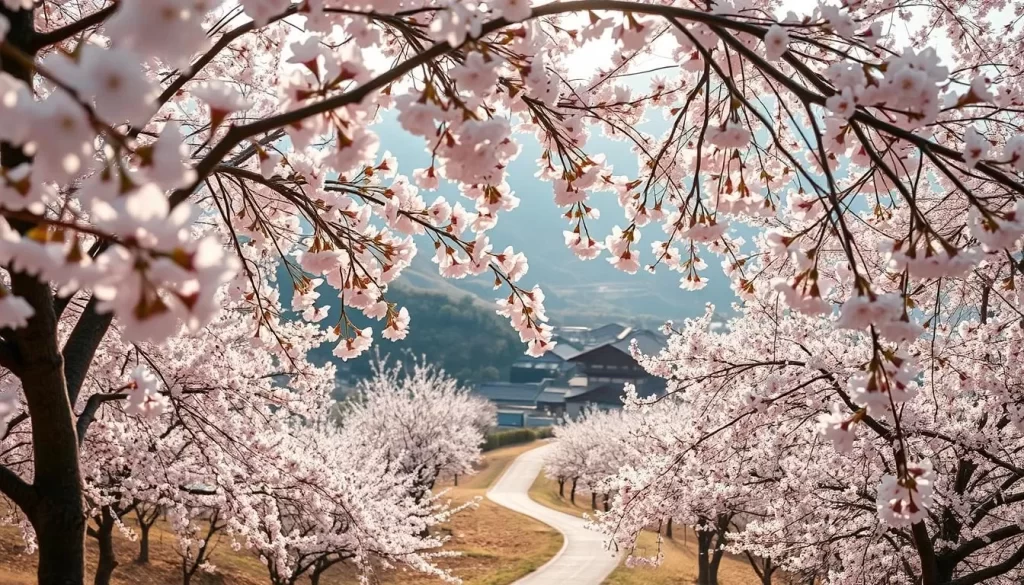 Lush, delicate cherry blossoms in full bloom, their pale pink petals gently swaying in a warm spring breeze. The scene is set against a backdrop of rolling hills, with a traditional Korean hanok village nestled in the distance. Soft, diffused sunlight filters through the branches, casting a warm, romantic glow over the entire landscape. The foreground is filled with the graceful, drooping boughs of the cherry trees, their flowers appearing to almost float on the air. In the middle ground, a winding path winds through the blossoms, inviting the viewer to take a leisurely stroll and immerse themselves in the serene beauty of the moment. The overall atmosphere is one of tranquility and natural harmony, perfectly capturing the essence of springtime in North Gyeongsang Province.