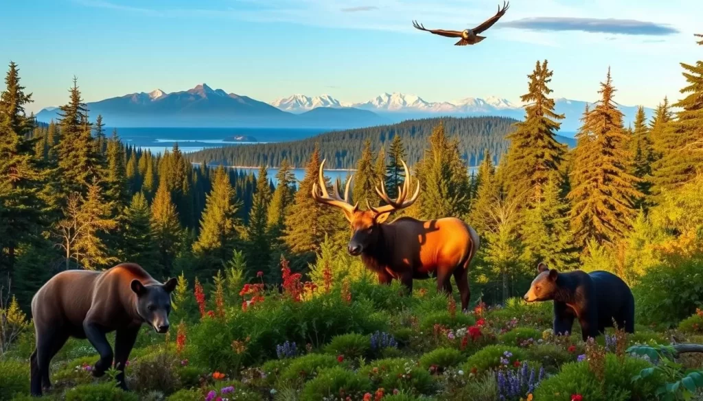 Lush evergreen forests, cascading waterfalls, and rugged coastlines of Olympic National Park, home to diverse wildlife. In the foreground, a majestic Roosevelt elk, its massive antlers silhouetted against the golden afternoon light. Surrounding it, a vibrant mosaic of ferns, wildflowers, and ancient cedar trees. In the middle ground, a playful black bear forages for berries, while a bald eagle soars overhead, its keen eyes scanning the landscape. In the distance, snow-capped peaks pierce the horizon, creating a serene and picturesque backdrop. Capture the essence of this natural wonder, where the untamed wilderness of the Pacific Northwest thrives.