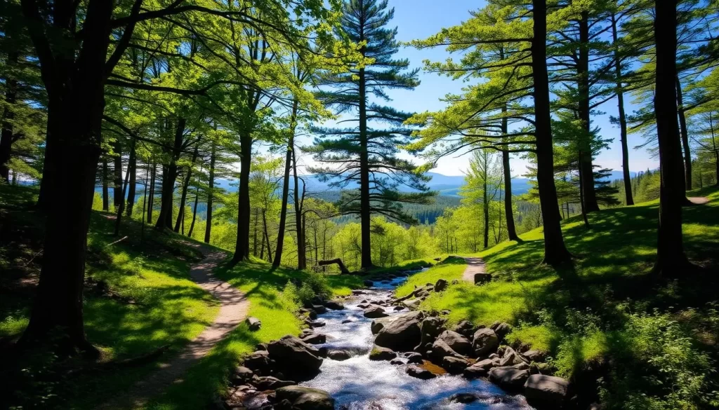 Lush green hiking trails wind through the verdant forests of Quechee State Park, Vermont. Dappled sunlight filters through the canopy, casting a warm glow on the well-maintained paths. In the foreground, a rocky stream bubbles and flows, beckoning hikers to pause and admire the serene natural surroundings. The middle ground features towering pine and oak trees, their branches reaching skyward. The background showcases rolling hills and distant mountains, hazy under a clear blue sky. Capture the essence of this picturesque New England landscape, inviting viewers to explore the park's exceptional hiking opportunities.