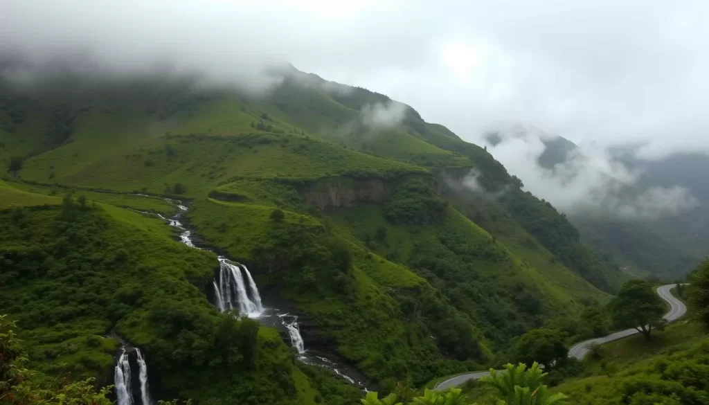 Lush green hills cloaked in a misty embrace, cascading waterfalls glistening like liquid silver, winding mountain roads framed by vibrant flora - a picturesque Sikkim landscape during the verdant monsoon season. Capture the essence of this weather-blessed paradise, where the sun filters through heavy clouds, casting a warm, diffused glow over the rugged terrain. Showcase the dramatic interplay of light and shadow, the towering peaks and the dense, jungle-like foliage that thrives in the humid air. Convey a sense of tranquility and wonder, as if the viewer is immersed in this lush, unspoiled corner of the Himalayas.