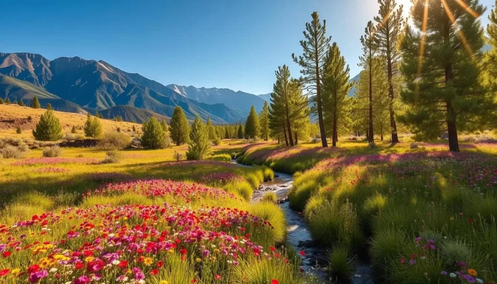 Lush meadows carpeted with vibrant wildflowers, bathed in the golden rays of the Nevada sun. Majestic mountains in the distance, their peaks dusted with a hint of snow. A tranquil stream winds its way through the landscape, its gentle murmurs adding to the serene atmosphere. Tall, verdant trees sway in the gentle breeze, their branches casting dappled shadows on the ground below. A picturesque scene that captures the essence of a springtime adventure in the Silver State.