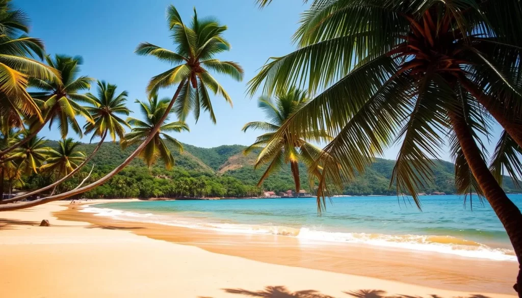Lush palm trees swaying in a gentle breeze, their fronds casting playful shadows on the golden sand below. Sunlight dances across the crystal-clear waters of a pristine beach, inviting visitors to bask in the warmth of Goa's tropical climate. In the distance, vibrant green hills rise up, their slopes covered in a tapestry of tropical foliage. Capture the essence of this idyllic coastal paradise, where the sea, sun, and land converge in a harmonious display of natural beauty.
