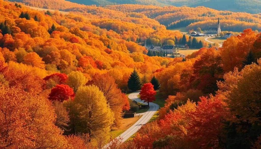 Lush rolling hills blanketed in vibrant foliage, awash in warm autumn hues - fiery red maples, golden honey locusts, and sun-dappled oaks. A winding country road cutting through the picturesque landscape, flanked by towering trees whose leaves gently sway in the crisp breeze. In the distance, a small rural town nestled amidst the seasonal splendor, its steepled churches and weathered barns standing in peaceful contrast to the natural abundance. Soft, diffused natural lighting filters through the canopy, casting a cozy, inviting glow over the serene autumnal scene.