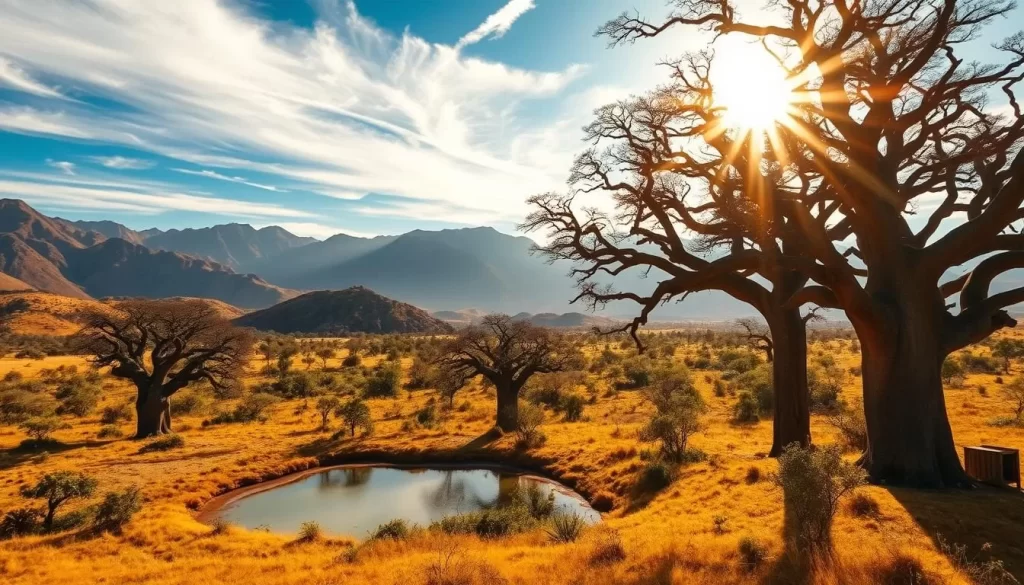 Lush rolling hills dotted with towering baobab trees, their twisted trunks casting dramatic shadows across the golden savanna. In the distance, majestic mountains rise, their peaks capped with wispy clouds. A crystal-clear watering hole reflects the brilliant blue sky, inviting a parade of wildlife to quench their thirst. Warm, golden sunlight filters through the branches, illuminating the vibrant greens and ochres of the landscape. A wide-angle lens captures the breathtaking panorama, showcasing the natural beauty and photographic potential of Marakele National Park.