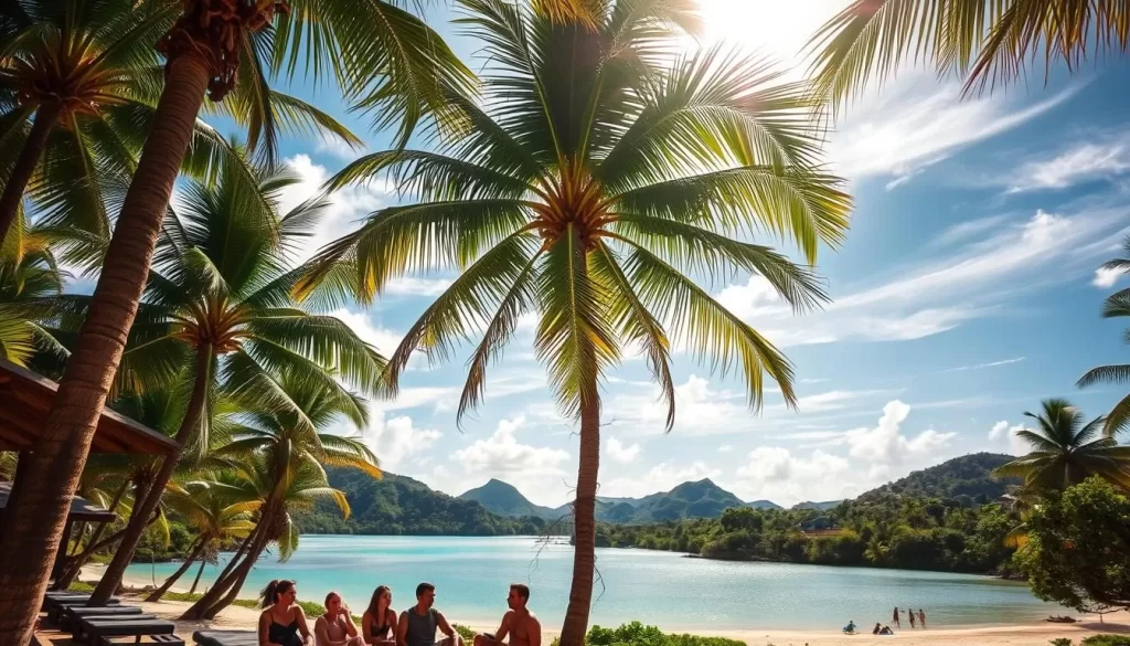 Lush, tropical landscape with palm trees swaying in a gentle breeze. Sunlight filters through wispy clouds, casting a warm, golden glow over the scene. In the foreground, a group of people relaxing on a pristine beach, their expressions conveying a sense of comfort and contentment. The air is thick with humidity, but a refreshing ocean breeze provides a soothing respite. The mid-ground showcases a tranquil lagoon, its turquoise waters reflecting the vibrant hues of the surrounding environment. In the distance, rolling hills and lush vegetation create a picturesque backdrop, evoking a serene and idyllic tropical paradise.