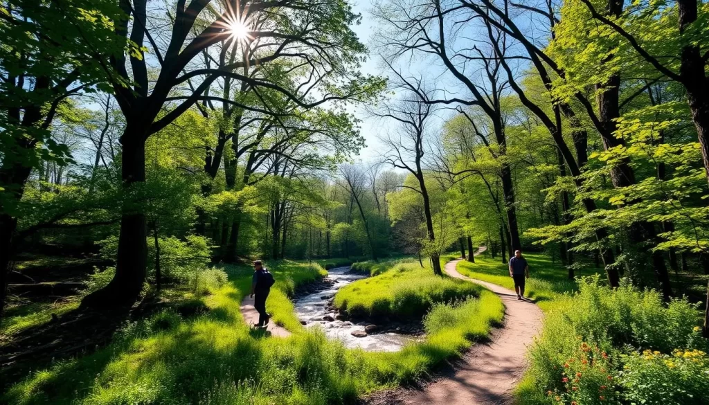 Lush, verdant forest trail winding through a picturesque Ames landscape. Sunlight filters through towering oak and maple trees, casting a warm, natural glow. The path meanders alongside a babbling brook, its gentle currents reflecting the azure sky above. Vibrant wildflowers dot the forest floor, adding pops of color to the serene setting. Hikers stroll leisurely, immersed in the tranquil outdoor atmosphere. A sense of adventure and rejuvenation permeates the scene, inviting visitors to explore the beauty of Ames' natural wonders.