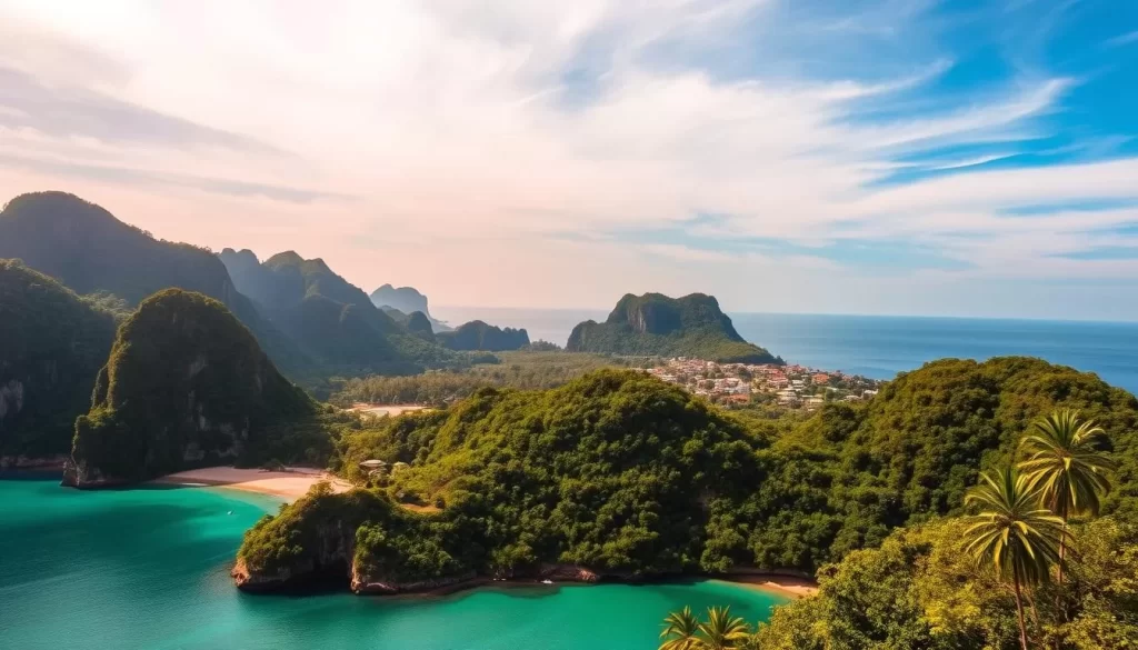 Lush, verdant landscape of Khao Sam Roi Yot National Park, Thailand. A stunning coastline with limestone cliffs and pristine beaches. In the foreground, a serene cove with crystal-clear turquoise waters. Towering mountains in the middle ground, their peaks shrouded in wispy clouds. The background features a picturesque village nestled between the mountains and the sea. Warm, golden sunlight bathes the scene, creating a serene and tranquil atmosphere. The image conveys the natural beauty and tranquility of this stunning natural wonder.