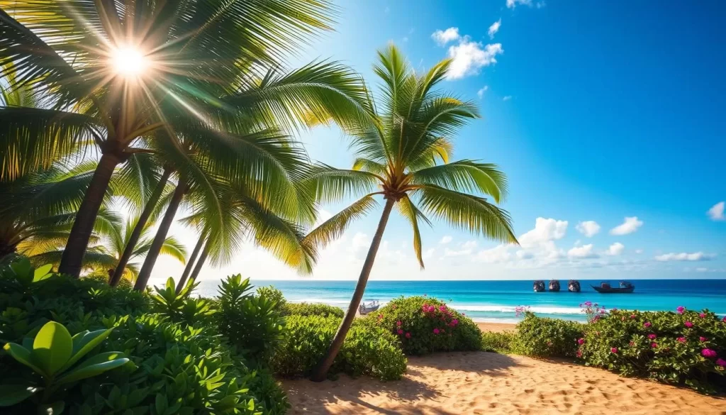 Lush, verdant landscape under a vibrant tropical sky. Sunlight filters through swaying palm fronds, casting dappled shadows on the warm, golden sand. In the distance, a tranquil turquoise ocean laps at the shore, dotted with traditional Balinese outrigger boats. The air is filled with the salty aroma of the sea and the fragrant blooms of exotic flowers. Capture the essence of Bali's idyllic, sun-drenched paradise, showcasing the region's magnificent natural beauty and captivating coastal charm.