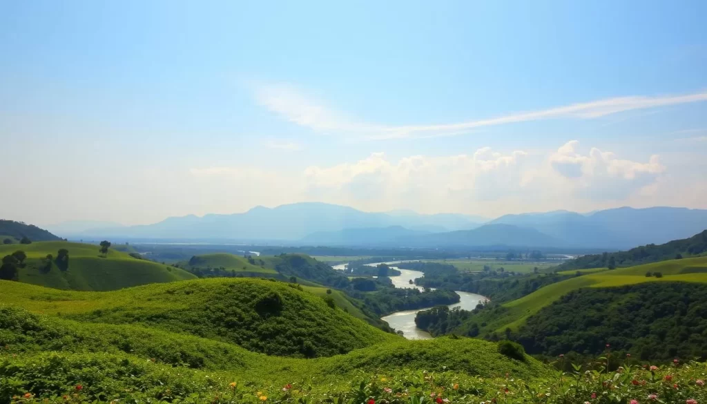 Lush, verdant landscapes of Chhattisgarh, India, on a pleasant day. In the foreground, rolling hills covered in vibrant greenery, dotted with colorful wildflowers. The middle ground reveals a flowing river or stream, its waters glistening under the warm, golden sunlight. In the distance, majestic blue-hued mountains rise up, their peaks touching the fluffy, wispy clouds above. The scene exudes a sense of tranquility and natural harmony, inviting the viewer to immerse themselves in the beauty of this captivating region.
