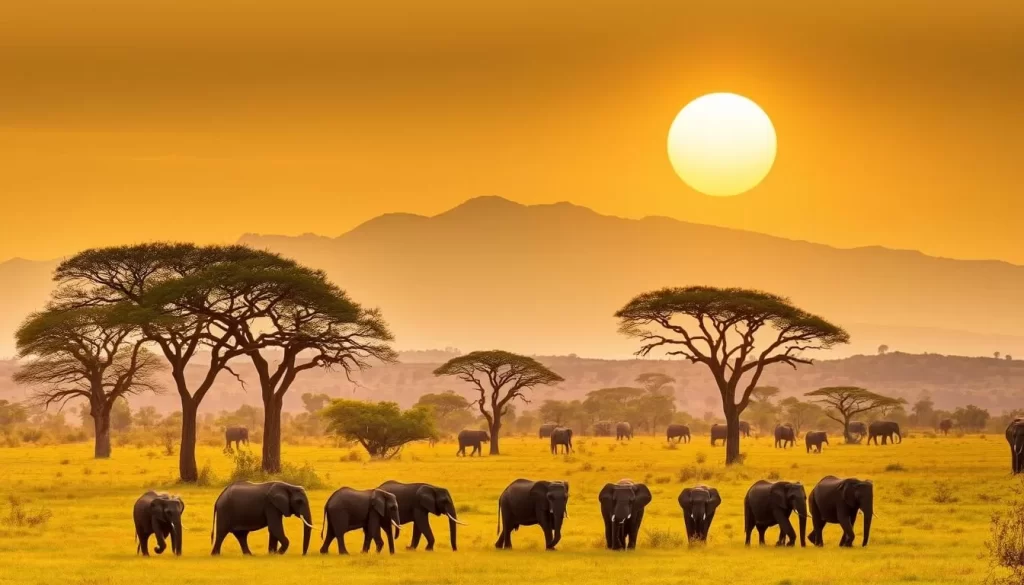 Lush, verdant landscapes of Tanzania's Mikumi National Park, bathed in the warm glow of a golden sun. In the foreground, a herd of elephants leisurely grazes, their massive forms casting long shadows upon the savanna. Towering acacia trees dot the middle ground, their branches swaying gently in the breeze. In the distance, the majestic Uluguru Mountains rise, their peaks capped with wispy clouds. A tranquil, serene atmosphere pervades the scene, inviting the viewer to bask in the unspoiled beauty of this hidden gem.