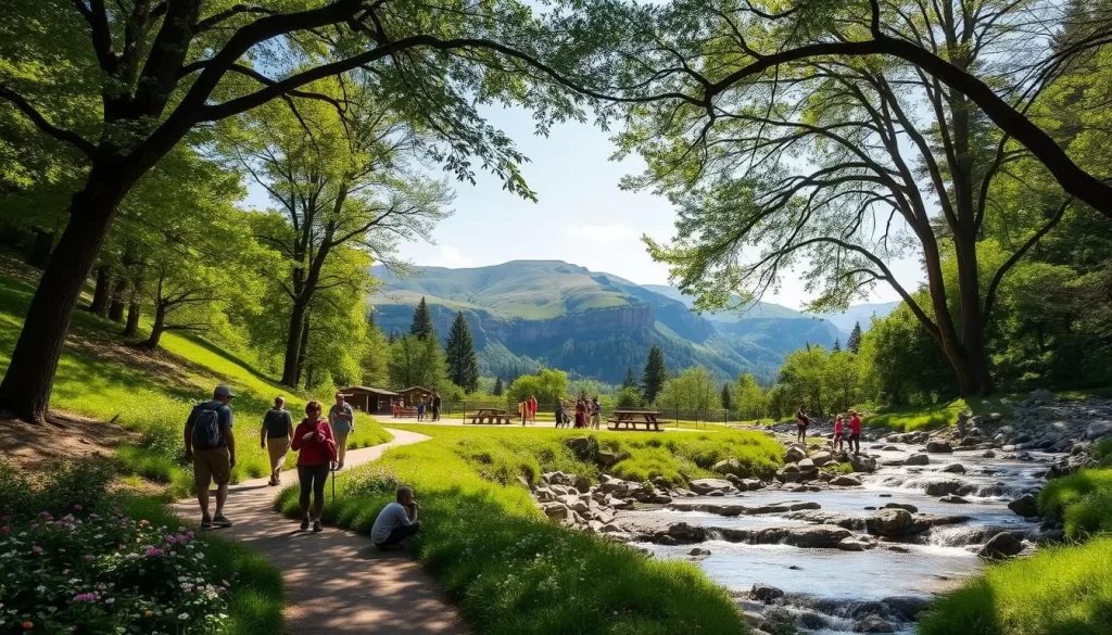 Lush, verdant landscapes surround the historic town of Notse, offering a wealth of outdoor activities for adventurous visitors. In the foreground, a group of hikers explore a winding trail, their path dotted with colorful wildflowers. Further in the distance, a crystal-clear stream cascades over smooth rocks, its gentle sound creating a soothing ambiance. Towering trees provide dappled shade, their branches swaying in a soft breeze. The mid-ground features a picturesque picnic area, where families gather to enjoy the tranquil setting. In the background, rolling hills and rugged cliffs create a dramatic, natural backdrop, bathed in the warm glow of the sun. This serene, idyllic scene captures the essence of the outdoor pursuits that await in and around the historic town of Notse.