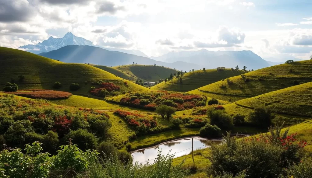 Lush, verdant landscapes under a warm, sun-dappled sky. Rolling hills dotted with vibrant flora, a mosaic of greens, reds, and golds. In the distance, majestic mountains rise, their peaks capped with a dusting of snow. A gentle breeze rustles the leaves, casting playful shadows across the ground. The air is crisp and invigorating, hinting at the temperate climate that defines this region. A serene pond reflects the tranquil scene, its surface rippling with the graceful movements of wildlife. This is Telangana, a land of diverse climates and natural splendor, captured in a single, breathtaking vista.