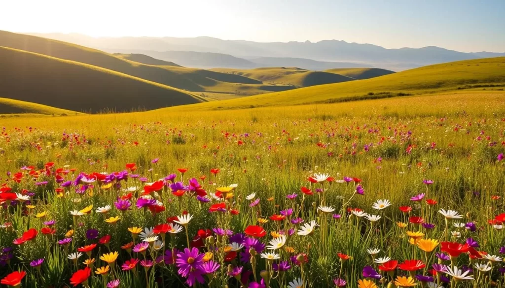 Lush, vibrant meadows of Kitulo National Park in Tanzania, the "Garden of God", bathed in warm, golden sunlight. Foreground filled with a sea of colorful wild flowers - brilliant purples, deep reds, sunny yellows, delicate whites. Verdant grasses and rolling hills in the middle ground, with distant peaks of the Kipengere and Poroto mountain ranges in the background. Capture the tranquil, serene atmosphere of this enchanting, untamed landscape, with a crisp, high-resolution photographic quality.