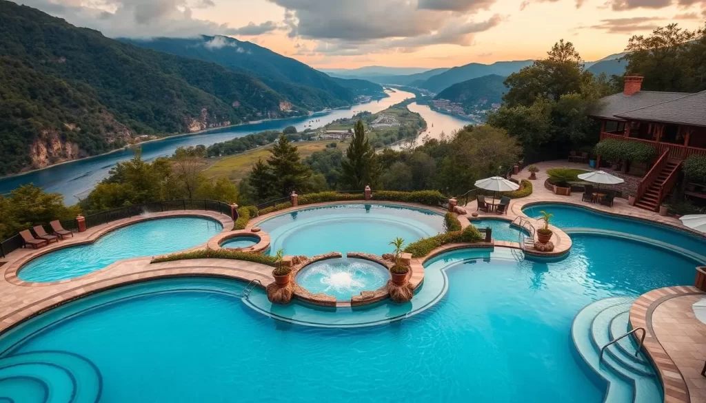 Luxurious hot springs resort with pools and river views
