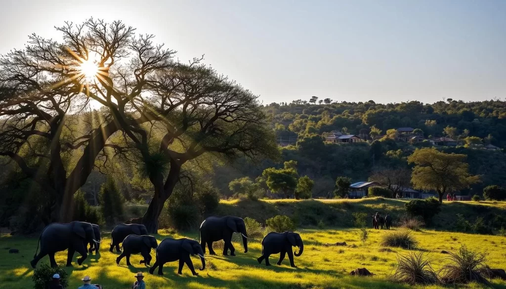 Madikwe Game Reserve, a verdant wildlife sanctuary in South Africa. Sunlight filters through towering acacia trees, casting a warm glow on the savanna below. In the foreground, a herd of elephants gracefully roams, their massive forms silhouetted against the lush landscape. In the middle ground, a team of park rangers carefully monitors the thriving ecosystem, their vigilance ensuring the protection of endangered species. In the distance, a community of local residents engages in sustainable conservation efforts, their commitment to the land evident in the well-maintained trails and thriving vegetation. The scene exudes a sense of balance and harmony, a testament to the successful integration of wildlife preservation and community involvement.