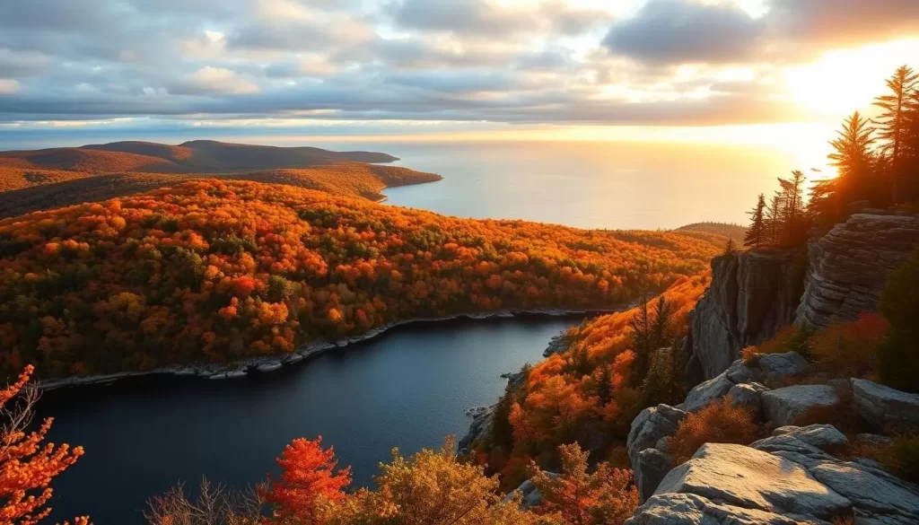 Majestic Acadia National Park in October, with vibrant foliage adorning the rolling hills and rocky coastline. Capture the warm golden light filtering through the crisp autumn air, creating a serene and inviting atmosphere. Depict a tranquil lake reflecting the colorful trees, and dramatic granite cliffs overlooking the vast Atlantic Ocean. Utilize a wide-angle lens to showcase the stunning panoramic vistas, and a shallow depth of field to draw the viewer's attention to the breathtaking natural beauty. Convey the essence of an ideal weather-savvy visit to this iconic New England destination.