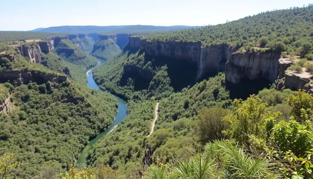 Majestic Blyde River Canyon, South Africa, lies in a lush, verdant landscape. Capture its grandeur through a wide-angle lens, showcasing the dramatic cliffs, winding river, and dense foliage in the foreground. In the middle ground, depict a hiking trail winding through the canyon, with lush vegetation and a clear blue sky above. Utilize natural lighting to create a warm, inviting atmosphere, conveying the tranquility and adventure of planning a journey to this remarkable natural wonder.