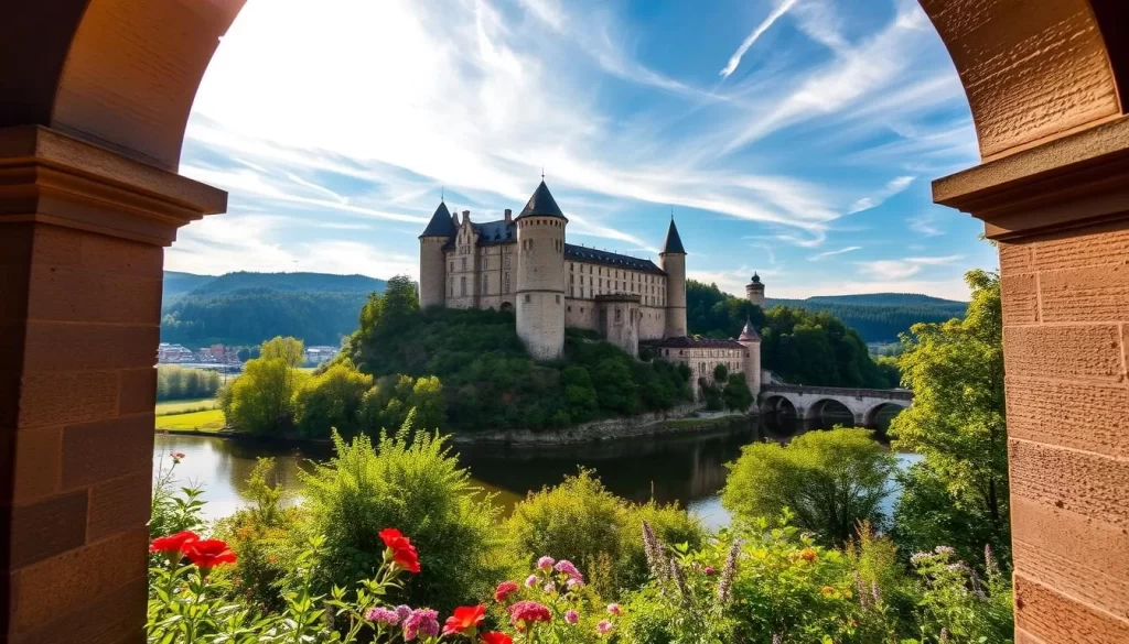 Majestic Luxembourg Castle sits atop a towering cliff, commanding the picturesque Vianden countryside. Sunlight filters through wispy clouds, casting a warm glow over the historic stone walls and turrets. In the foreground, a lush, verdant garden bursts with vibrant flowers, inviting visitors to explore. The castle's reflection ripples in the tranquil waters of the river below, creating a serene and enchanting scene. Elegant archways frame the landscape, guiding the eye towards the castle's impressive silhouette. This breathtaking panorama captures the essence of Vianden's rich history and natural beauty, the perfect day trip destination from the charming town.