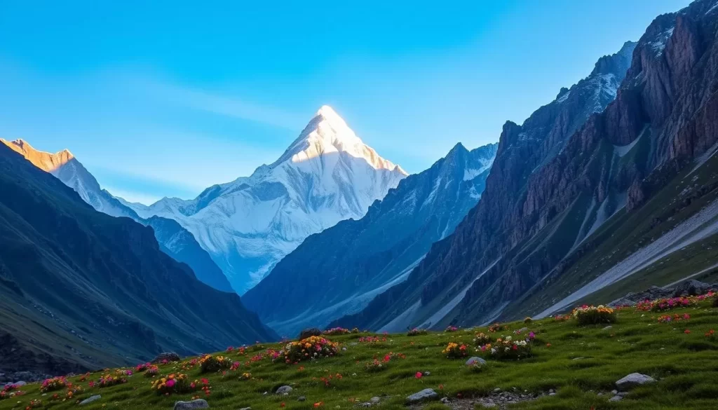 Majestic Nanda Devi peak piercing the azure sky, its snow-capped summit glowing in the warm sunlight. Lush alpine meadows in the foreground, dotted with vibrant wildflowers. Rugged, jagged ridges cascading down the mountainside, casting dramatic shadows. A pristine, serene landscape, captured through the lens of a wide-angle camera. Capture the grandeur and tranquility of this iconic Himalayan wonder, showcasing its awe-inspiring natural beauty.