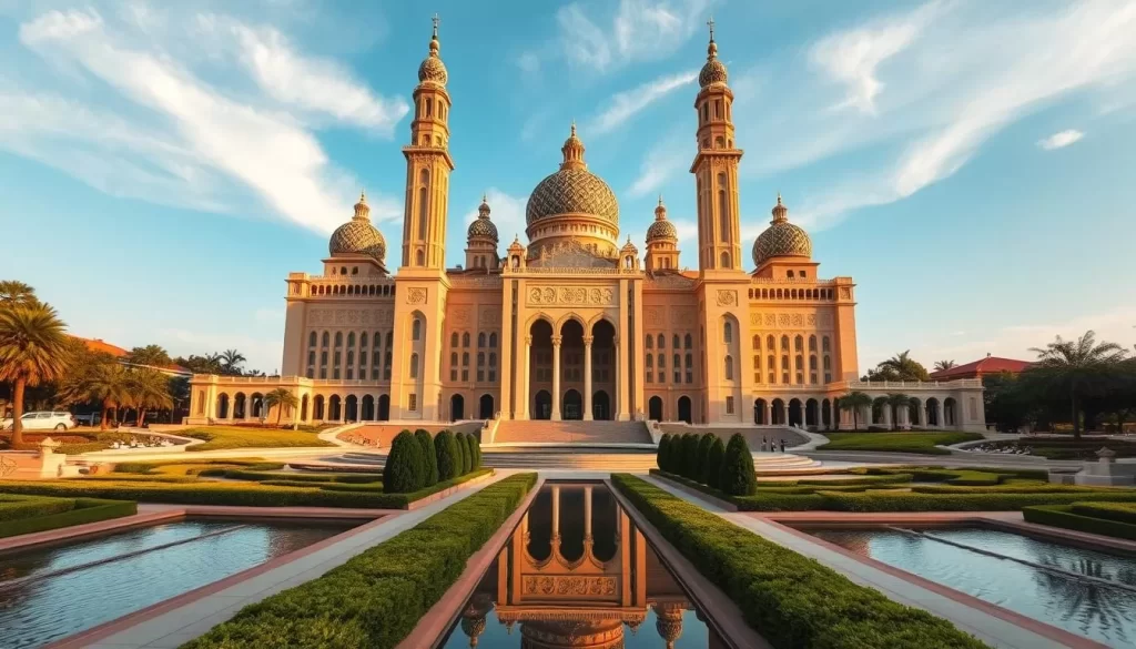 Majestic Putrajaya Government Buildings stand tall, their intricate Islamic architecture bathed in warm sunlight. The grand domes and towering minarets rise majestically against a clear azure sky, their reflections rippling in the serene pools that surround the complex. Lush, well-manicured gardens frame the scene, adding to the sense of tranquility and grandeur. Wide promenades invite visitors to explore the impressive grounds, capturing the perfect balance of modernity and traditional design. A wide-angle lens captures the full scope of this architectural marvel, showcasing its sheer scale and architectural brilliance.