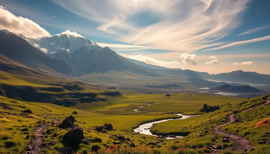 Majestic Shira Plateau, Kilimanjaro National Park: A breathtaking vista of lush alpine meadows, dotted with ancient volcanic formations. Towering snow-capped peaks cast long shadows across the landscape, as warm sunlight filters through wispy clouds. In the foreground, a crystal-clear stream meanders through the terrain, its banks lined with vibrant wildflowers. Rugged hiking trails wind through the scene, inviting exploration of this awe-inspiring natural wonder. Capture the tranquil, ethereal atmosphere of this magnificent high-altitude plateau, a true jewel of Tanzania's wilderness.