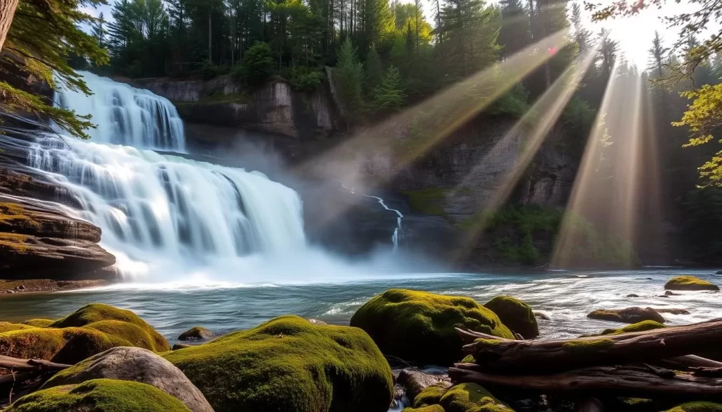 Majestic Tahquamenon Falls, cascading over the rugged sandstone cliffs in Michigan's Upper Peninsula. Sunlight filters through the lush, verdant forest, casting a warm glow on the rushing waters. The misty spray creates a natural veil, framing the impressive falls. In the foreground, mossy boulders and fallen logs provide a serene, earthy contrast. Capture the grandeur of this natural wonder, with the tranquil Tahquamenon River winding through the lush, untamed landscape. Depict a picturesque day, where the beauty of this state park is on full display.