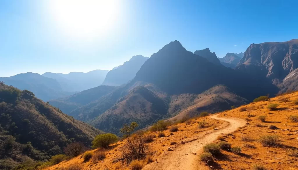 Majestic Udzungwa Mountains National Park in Tanzania's dry season. Rugged, sun-dappled peaks rise against a clear azure sky, their slopes dotted with sparse, sun-weathered vegetation. In the foreground, a winding trail leads through a parched, ochre landscape, inviting the explorer to venture deeper into this captivating wilderness. Warm, golden light filters through the hazy air, casting a serene, tranquil atmosphere over the scene. A telephoto lens captures the grandeur and solitude of this extraordinary natural wonder, perfectly showcasing the best time to experience its majesty.