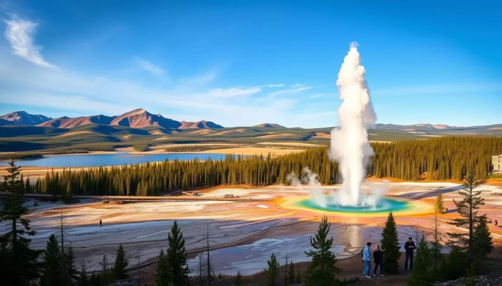 Majestic Yellowstone National Park, a breathtaking landscape of towering mountains, crystal-clear lakes, and cascading waterfalls. Capture the grandeur of the iconic Old Faithful geyser erupting against a backdrop of lush, evergreen forests. Showcase the vibrant hues of the Grand Prismatic Spring, its multicolored pools and steaming thermal features. Depict visitors in awe, exploring the rugged trails and absorbing the serene beauty of the park's natural wonders. Utilize natural lighting to cast a warm, golden glow over the scene, conveying a sense of tranquility and wonder. Employ a wide-angle lens to encompass the vast, majestic scale of Yellowstone's untamed wilderness, inviting the viewer to immerse themselves in this magnificent National Park.