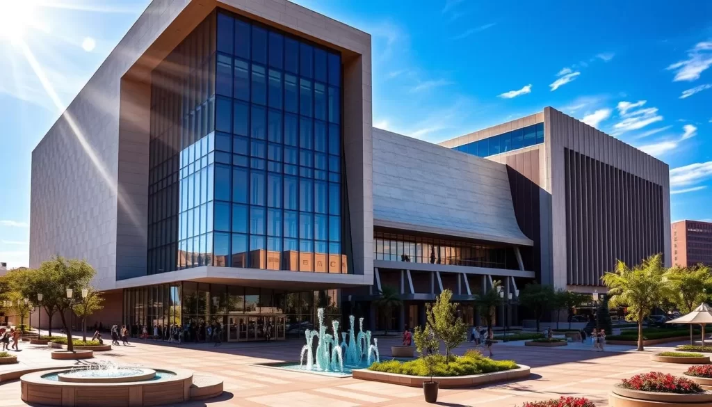 Majestic modern architecture with clean lines and geometric shapes, the Mesa Arts Center stands tall against a brilliant azure sky. Sunlight streams through the vast glass facades, casting warm, diffused light across the sleek, textured surfaces. In the foreground, a bustling plaza invites visitors to explore the vibrant public spaces, with sculptural water features and lush, verdant landscaping. The overall composition exudes a sense of elegance, dynamism, and community-centered purpose, capturing the essence of this premier arts and cultural hub in the heart of Mesa, Arizona.