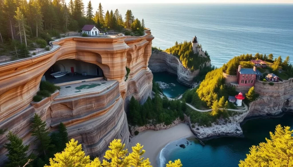 Majestic sandstone cliffs adorned with picturesque sea caves and lighthouses, set against the serene waters of Lake Superior. Capture the stunning Apostle Islands National Lakeshore, where sunlight casts a warm glow across the weathered rock formations. Showcase the natural beauty of this Wisconsin haven, with vibrant verdant forests framing the tranquil coves and pristine beaches. Render the scene with a sense of peaceful contemplation, inviting the viewer to immerse themselves in the captivating landscape.