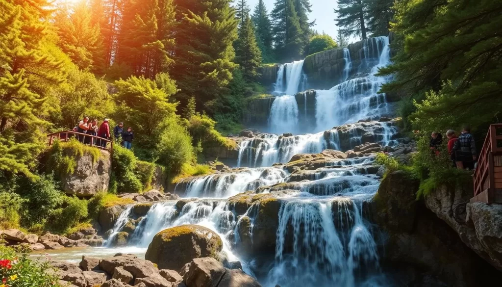 Majestic waterfalls cascading down the lush, verdant slopes of Uludağ National Park, Turkey. Crystalline waters plunging over rugged, moss-covered rocks, framed by towering evergreen trees and vibrant wildflowers. Warm sunlight filters through the canopy, casting a gentle glow on the serene scene. The air is crisp and invigorating, inviting visitors to bask in the natural beauty of this stunning natural wonder. Capture the tranquility and power of this idyllic landscape, showcasing the captivating allure of Uludağ Milli Parkı.