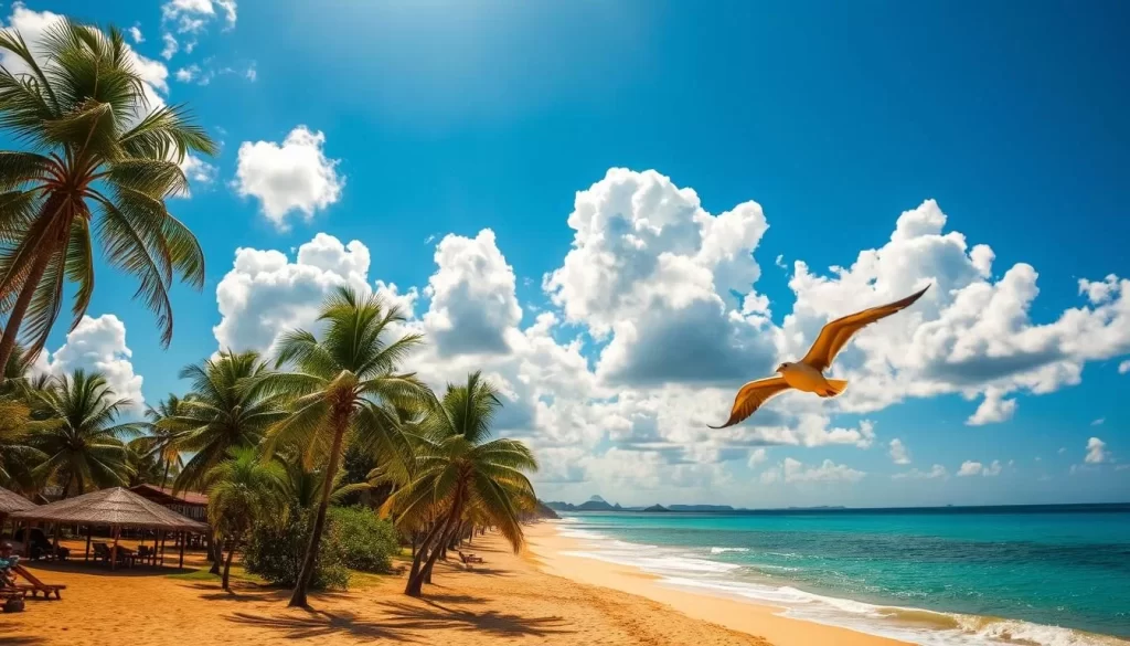 Malindi, a coastal town in Kenya, bathed in warm sunlight. Fluffy white clouds drift across a vibrant blue sky, casting gentle shadows on the lush palm trees and sparkling ocean below. The golden sand beach stretches out, inviting visitors to bask in the temperate breeze and azure waters. In the foreground, seabirds soar gracefully, their wings outstretched against the picturesque scene. The atmosphere exudes a serene, tropical tranquility, perfect for exploring the natural beauty and cultural riches of this idyllic destination. Crisp, high-resolution details capture the essence of Malindi's ideal weather patterns.