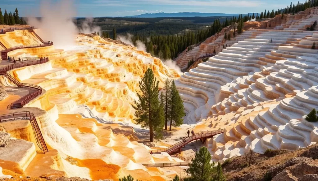 Mammoth Hot Springs, a striking natural wonder in Yellowstone National Park, Montana. Capture the steaming, terraced limestone formations cascading down the hillside, glowing in the warm sunlight. Showcase the vivid white, yellow, and orange hues of the active travertine terraces, contrasted against the lush, green pines in the middle ground. Depict the serene, tranquil atmosphere, with visitors exploring the boardwalks that wind through the unique geological structures. Use a wide-angle lens to convey the grandeur and scale of this breathtaking, geothermal landscape, framed by the distant, snow-capped peaks in the background.