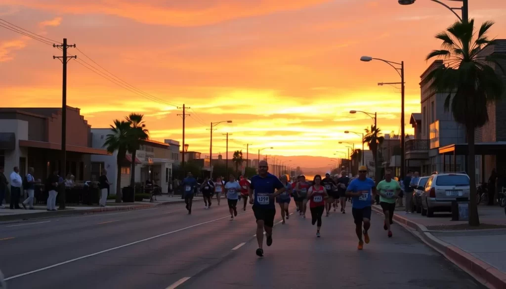 Marathon run through diverse El Paso neighborhoods with desert sunrise views
