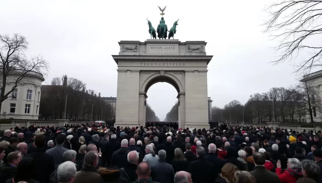 Menin Gate Memorial in Ypres, Belgium, with a solemn atmosphere and a large crowd of visitors