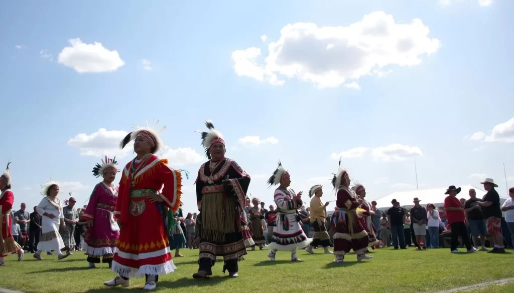 Meskwaki Powwow in Tama, Iowa, with people in traditional regalia dancing and singing