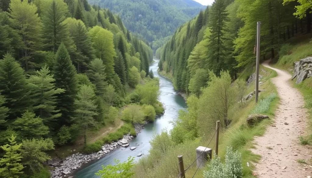 Meuse Valley hiking trail with lush green forests and a winding river