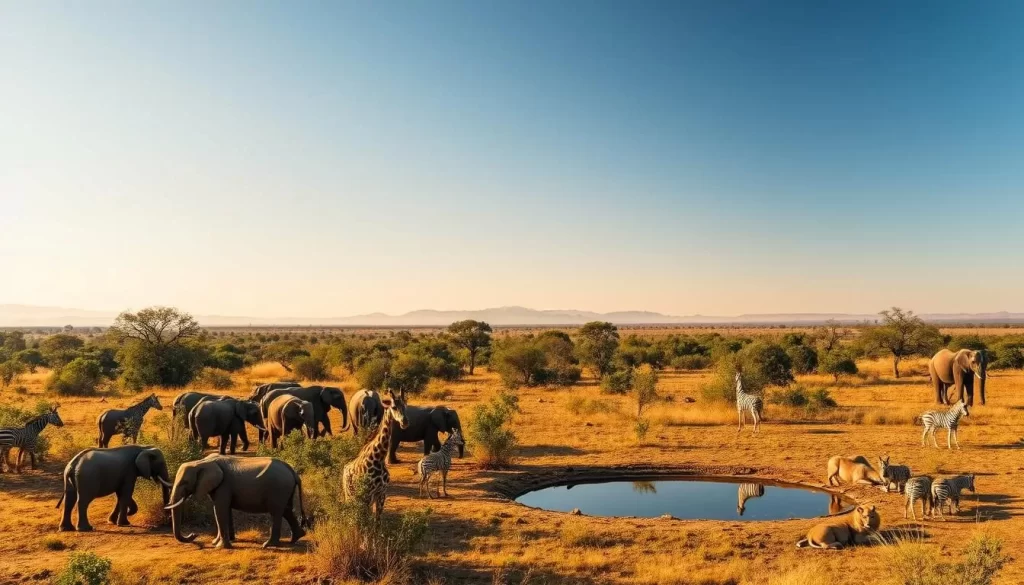 Mikumi National Park, Tanzania. Sweeping savanna vistas with towering acacia trees and distant mountains. In the foreground, a herd of elephants grazing peacefully, their massive bodies casting long shadows. Giraffes feed on the lush foliage, their graceful necks reaching high. A small watering hole reflects the clear sky, surrounded by a diverse array of wildlife - zebras, gazelles, and lions resting in the shade. Warm, golden light bathes the scene, creating a serene and vibrant atmosphere. Capture the essence of this premier African wildlife sanctuary in its natural glory.