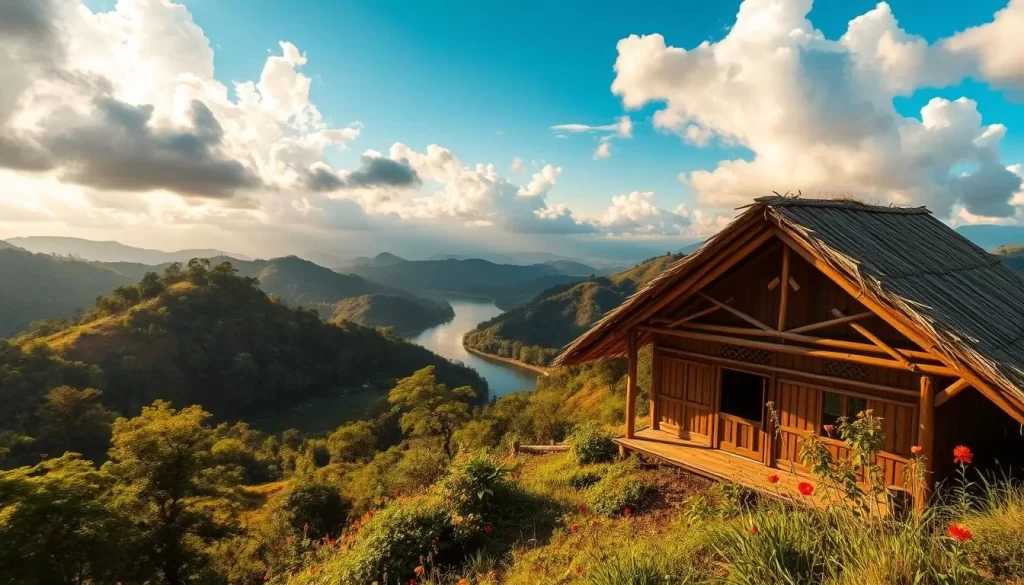 Mizoram spring landscape - a verdant hillside bathed in golden sunlight, with lush forests and vibrant wildflowers in bloom. In the middle ground, a winding river snakes through the landscape, its waters reflecting the azure sky. In the foreground, a traditional Mizo bamboo house peeks out from amidst the greenery, its intricate wooden carvings and thatched roof adding to the rustic charm. Billowing clouds drift overhead, casting gentle shadows over the scene. The atmosphere is one of tranquility and renewal, capturing the essence of Mizoram's spring season.