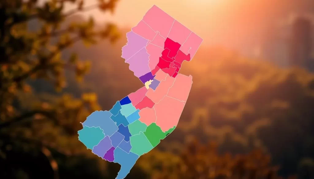 New Jersey, a diverse state, where the English language takes center stage. A map of the state, with vivid hues, showcases the prevalence of English speakers across its counties. Soft lighting illuminates the details, capturing the essence of the local linguistic landscape. In the foreground, a clear depiction of the population distribution, with varying concentrations of English proficiency. The middle ground presents a harmonious blend of various shades, representing the nuances of language usage. The background features a serene, natural setting, emphasizing the tranquility of the state. The overall composition conveys a sense of unity and linguistic cohesion, reflecting the vibrant tapestry of New Jersey's language demographics.