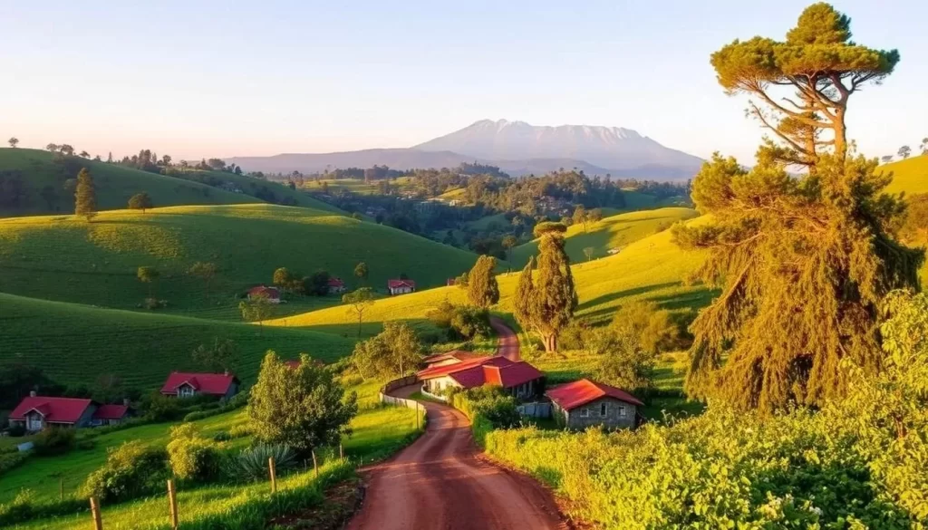 Nyeri County, a lush and verdant highland nestled in the heart of Kenya. Capture the rolling hills draped in vibrant green, dotted with towering cedar trees casting long shadows. In the foreground, a winding dirt path leads through a patchwork of small farms, their red-tiled roofs peeking out amidst the verdant foliage. In the distance, the majestic peaks of Mount Kenya stand tall, their snow-capped summits glowing under the warm afternoon sun. Infuse the scene with a sense of tranquility and natural beauty, inviting the viewer to explore this hidden highland gem.