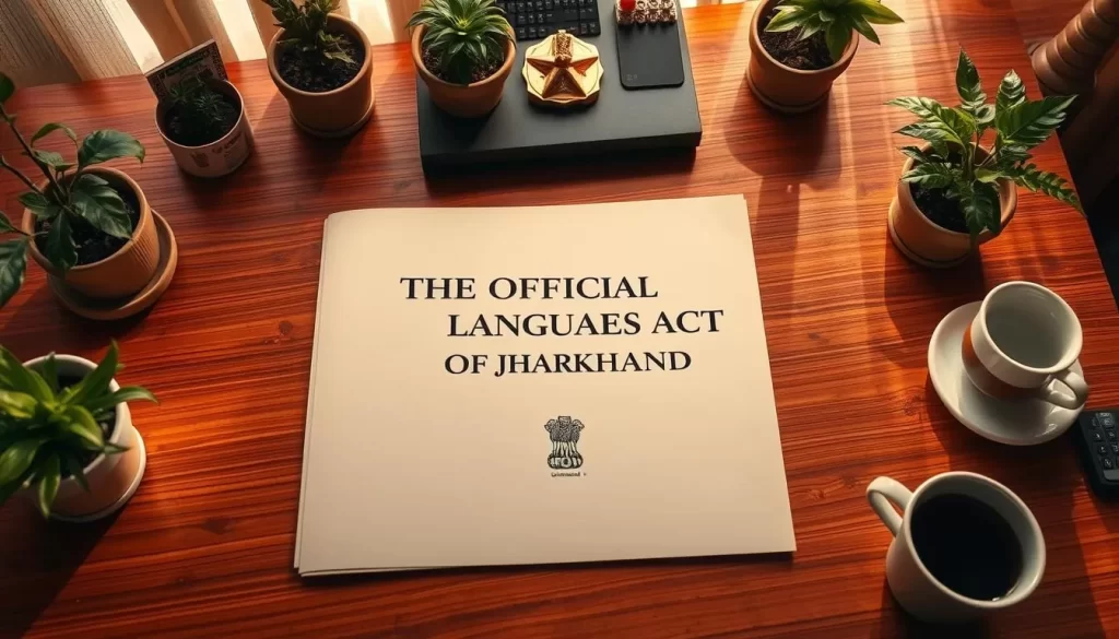 Official document with Jharkhand state seal, lying on a neatly organized wooden desk under warm, directional lighting. The document's header prominently displays "THE OFFICIAL LANGUAGES ACT OF JHARKHAND" against a clean, cream-colored background. Surrounding the desk are potted plants, a cup of coffee, and other professional accessories, conveying a sense of authority and government administration. The overall mood is one of formality, legitimacy, and the importance of language policy.