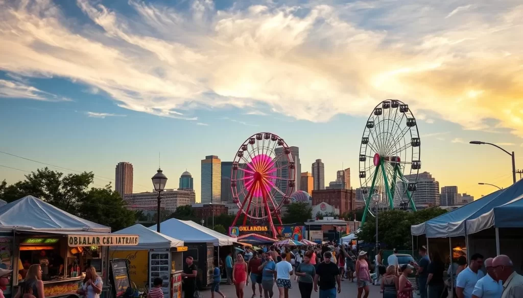 Oklahoma City summer events, a vibrant display of local culture and outdoor revelry. In the foreground, a lively street fair with food trucks, artisanal stalls, and buskers performing on a makeshift stage. The middle ground features a towering ferris wheel, its colorful lights illuminating the dusk sky. In the background, the city's skyline, a mix of modern skyscrapers and historic architecture, stands as a testament to the city's evolution. Warm sunlight filters through wispy clouds, casting a golden glow over the scene. The atmosphere is one of celebration, with families and friends mingling and enjoying the festivities. Capture the essence of summer in Oklahoma City, a time of vibrant energy and community spirit.